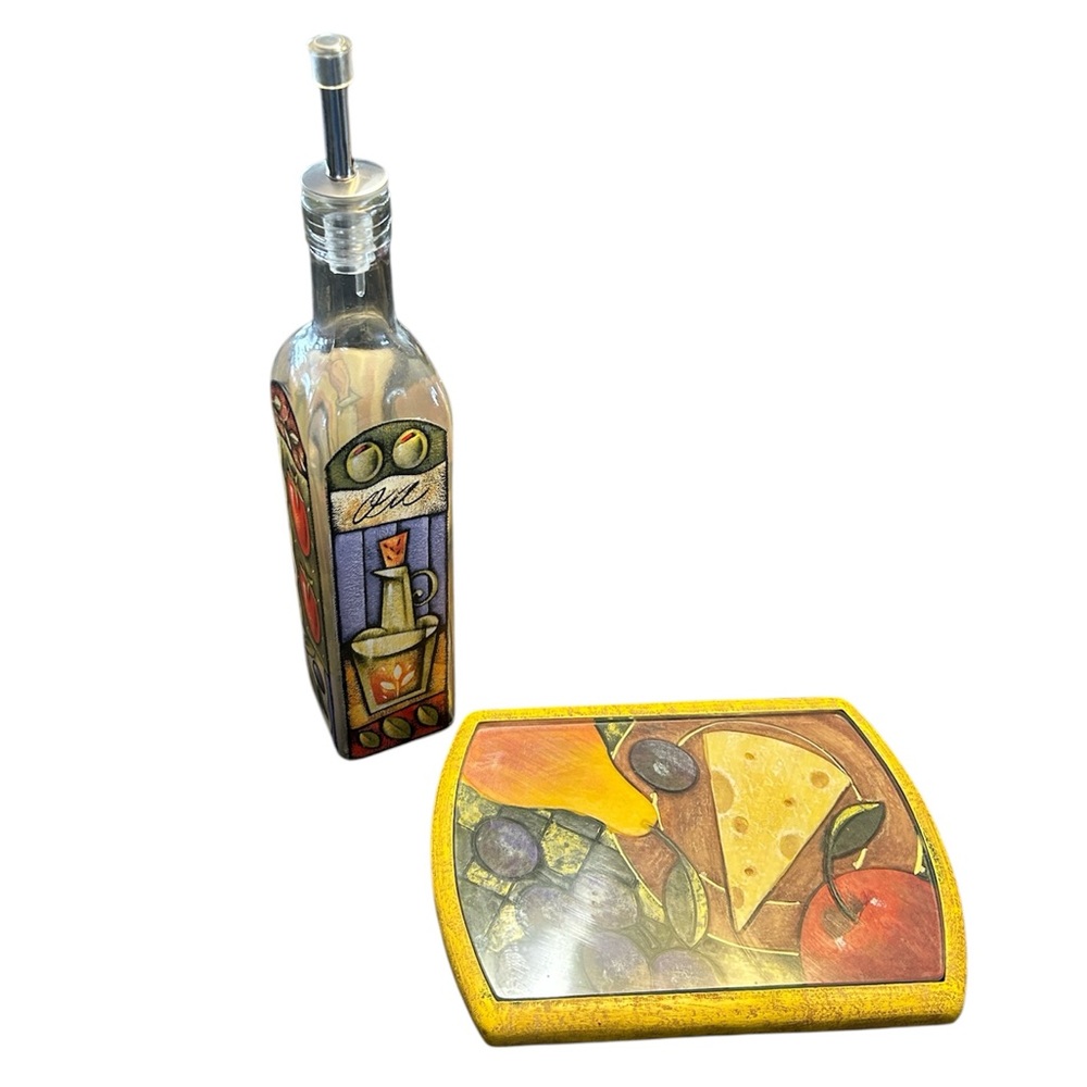 Vintage Kitchen Decor‎ Set Glass Cruet + Ceramic Glass Cheese/Grazing Board